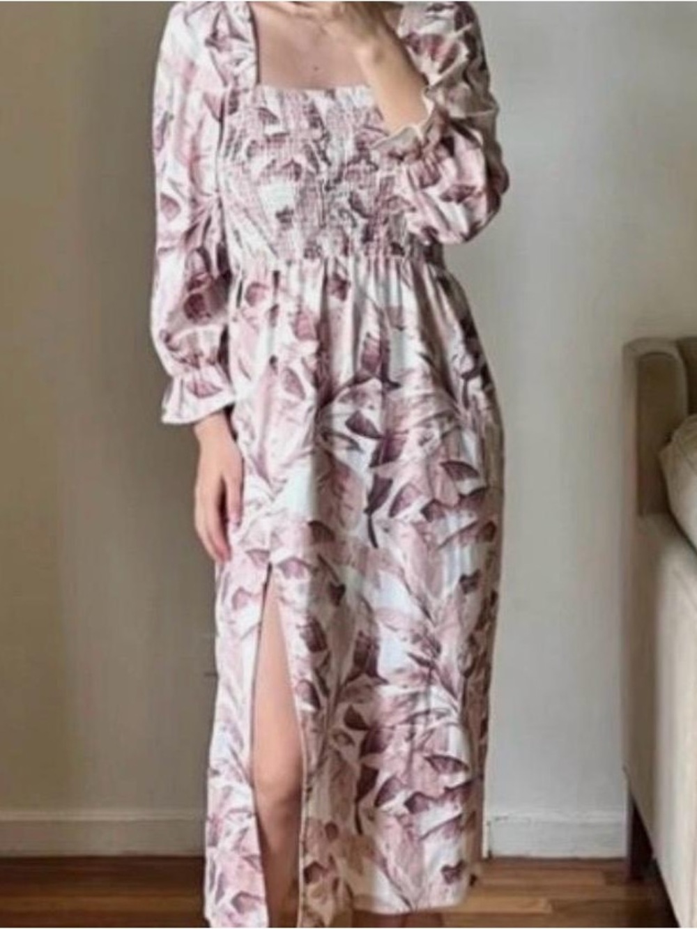House of Harlow 1960 Pink Floral Smocked Square-Neck Maxi Dress